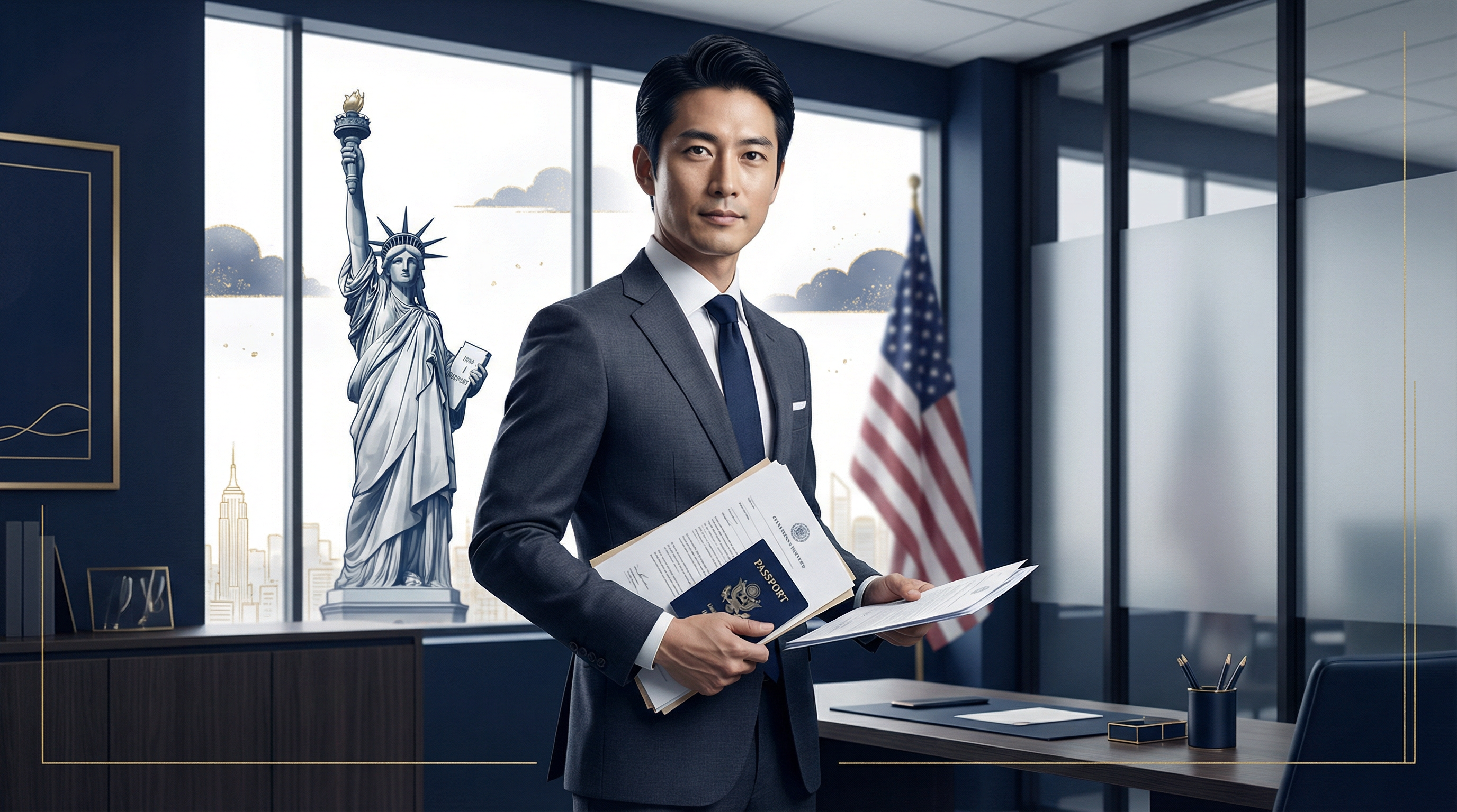 アメリカ就労ビザ申請ガイド2026年版:スーツ姿の日本人ビジネスマンがビザ書類とパスポートを持ち、自由の女神を背景に立つ